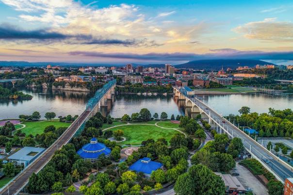 Aerial View of Coolidge Park, TN River, + Downtown